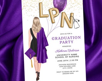 LPN Graduation Invitation, Blonde Nurse Grad Party Invite, Nursing School Graduate Party Invite, Class of 2025 Editable Template Download