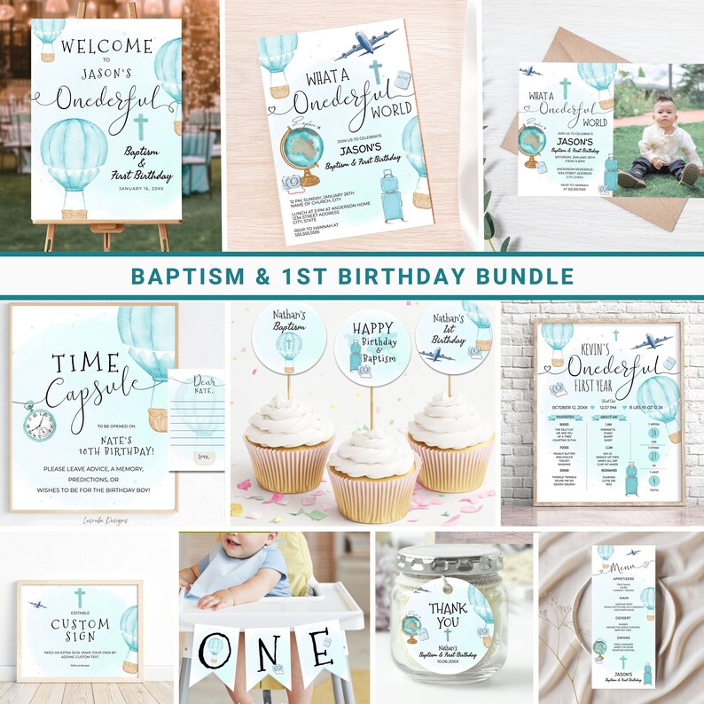 Baptism and First Birthday Invitation Bundle Blue, Boys Baptism 1st