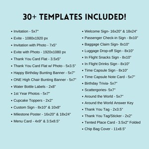 May include: A list of 30+ printable templates for events and parties, including invitations, signs, cards, and decorations. The templates are listed with their dimensions in inches.