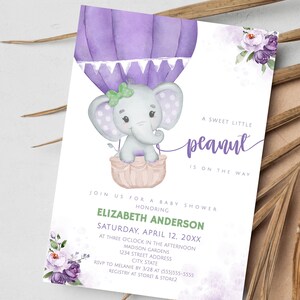 Conjunto de convites para chá de bebê Little Peanut, convite para chá de bebê com balão de ar quente, convite para chá de bebê com elefante, livros para bebês, rifa de fraldas