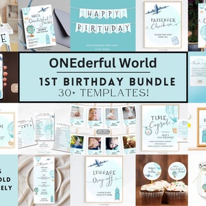 May include: A printable 1st birthday party bundle with a travel theme. The bundle includes 30+ templates with a blue and white color scheme. The templates feature hot air balloons, airplanes, and luggage tags. The text "ONEderful World" is featured on several of the templates.