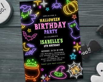 Editable Neon Halloween Party Invitation, Kids Halloween Birthday Party Invite Template, Digital Download