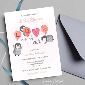 Love is in the Air Bridal Shower Invitation, Bridal Shower Invite Editable Template, Wedding Bridal Shower Invitation, Penguins Hearts Pink