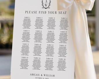 Mapa de assentos para casamento com monograma, modelo editável de placa de assentos para mesa com crista elegante, pôster para recepção de casamento "Encontre seu assento", para impressão
