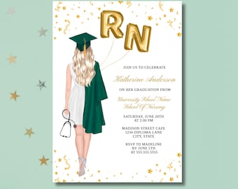 Krankenschwester-Abschluss-Einladung, RN-Abschluss-Party Einladung, Krankenschwester-Schulabgänger, blonde Krankenschwester-Krankenschwester, bearbeitbare Vorlage