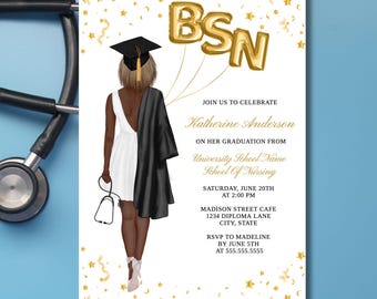 May include: Graduation invitation with a black and white illustration of a woman in a graduation cap and gown holding a stethoscope. The invitation is decorated with gold stars and confetti. The text on the invitation reads "Join us to celebrate Katherine Anderson on her graduation from University School Name School of Nursing Saturday, June 20th at 2:00 PM Madison Street Cafe 1234 Diploma Lane City, State RSVP to Madeline by June 5th at 555.555.5555".