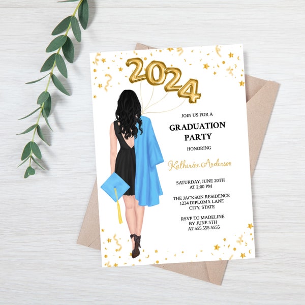 Personalized Graduation Invitation, Gold Balloons Graduation Party Invite, Women Female Graduation Invitation, Dark Hair Blue Cap Gown