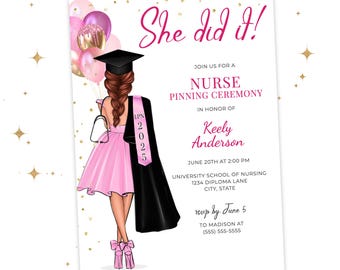 Editable LPN Graduation Pinning Ceremony Invitation, She Did It Nurse Invite, Licensed Practical Nurse Grad Ceremony, Nurse Red-Brown Hair