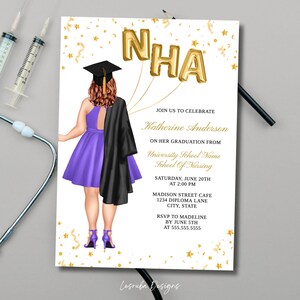 May include: A graduation announcement featuring an illustration of a person in a purple dress and black graduation gown. Gold balloons spell "NHA". The text reads "Join us to celebrate Katherine Anderson on her graduation from University School Name School of Nursing."