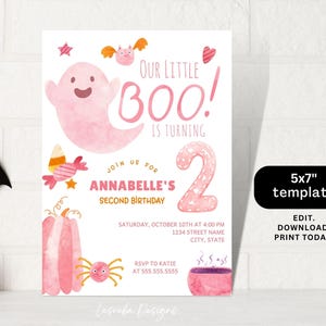 Our Little BOO is Turning Two Invitation, Pink Ghost Girl 2nd Birthday Invitation, Halloween 2nd Birthday Invite, Editable Cute Ghost Invite