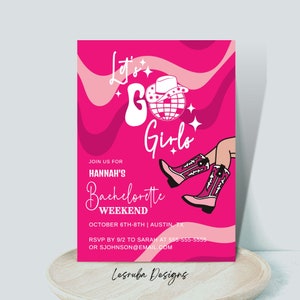 Let&#39;s Go Girls Cowgirl Bachelorette Party Invitation and Itinerary Template, Retro Groovy Pink Bachelorette Cowgirl Invite Digital Download