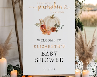 Fall Little Pumpkin Baby Shower Welcome Sign, Neutral Autumn Baby Shower Decor, White Pumpkin Floral Digital Sign, Printable Poster Template