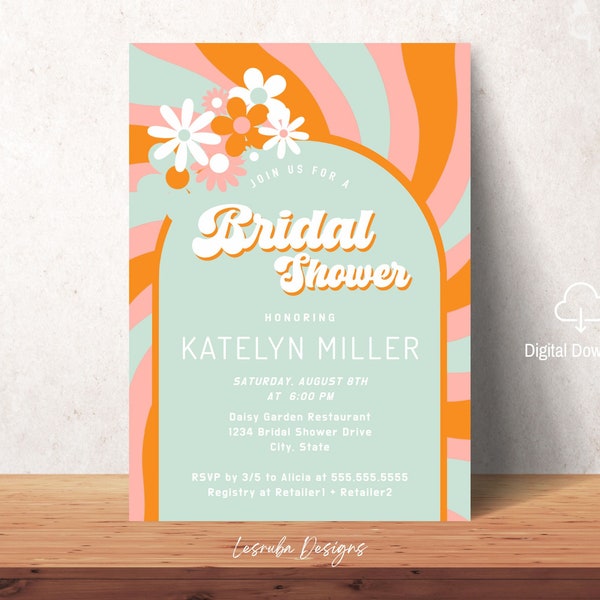 Groovy Bridal Shower Invitation, Retro Daisy Bridal Shower Invitation, 70s Floral Bridal Shower Invitation, Pink Mint Orange Bridal Shower