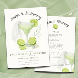 May include: A watercolor-style bachelorette weekend invitation with a margarita glass, lime slices, and a ring. The invitation includes the text "Margs & Matrimony" and event details for Olivia Anderson's weekend in Austin, Texas.