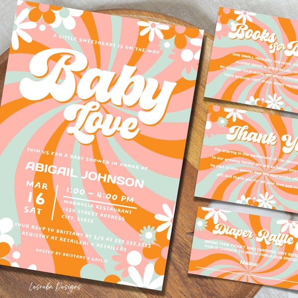 Baby Love Baby Shower Invitation Template, Groovy Retro 70s Daisy Baby Shower Set Printable, Diaper Raffle, Books for Baby, Baby Love