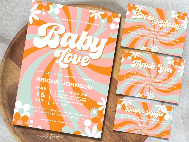 Baby Love Baby Shower Invitation Template, Groovy Retro 70s Daisy Baby Shower Set Printable, Diaper Raffle, Books for Baby, Baby Love image 1
