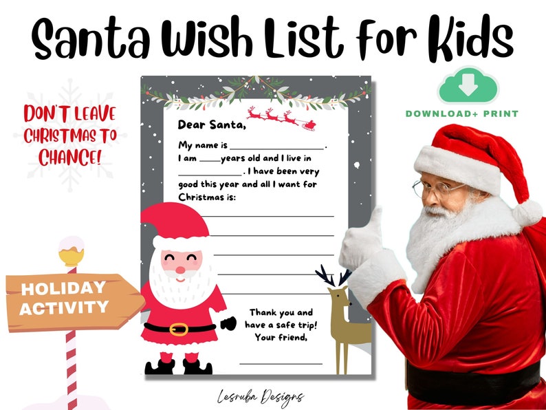 Letter to Santa Printable, Santa Wish List for Kids Instant Download Dear Santa Template Letter ...
