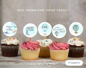 Onederful 1st Birthday Cupcake Topper Templates, First Birthday Boy Onederful World 1st Birthday Party Printables Hot Air Balloon