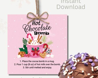 Hot Chocolate Bomb Christmas Gift Tag Instant Download, Holiday Gift Tag Printable Hot Cocoa Bomb Pink, Digital Christmas Cocoa Bomb Sticker