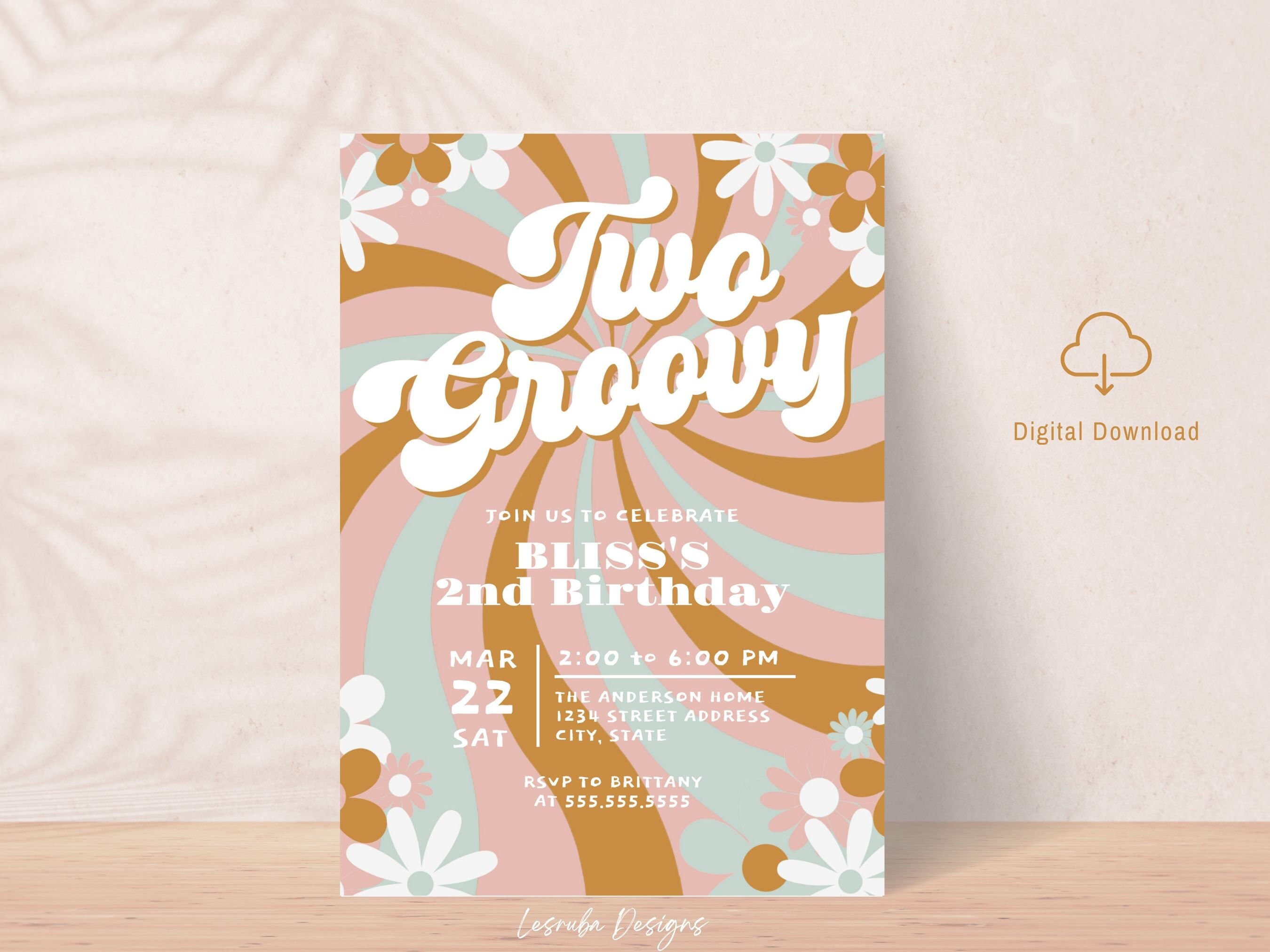 Two Groovy Birthday Invitation Groovy Theme 2nd Birthday Invite Retro Birthday Digital Invitation Second Birthday Invite 70s