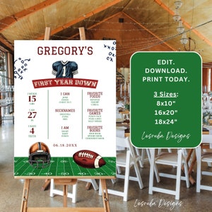 Poster per il primo compleanno di un calciatore, tabellone per il compleanno del primo anno, cartello per il primo anno di un neonato, traguardo del giorno della partita del primo anno