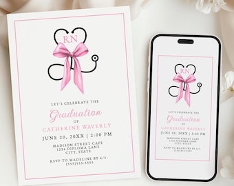 Pink Bow Nurse Graduation Party Invitation, Nursing School Grad Party Invitation, RN Nurse Graduation Party, Stethoscope Digital