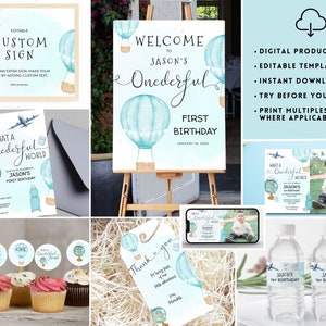 May include: A set of printable party decorations for a first birthday with a blue and white hot air balloon theme. The set includes a welcome sign, invitation, cupcake toppers, water bottle labels, and a thank you card. The text on the sign reads "Welcome to Jason's Onederful First Birthday".