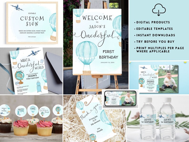 May include: A set of printable party decorations for a first birthday with a blue and white hot air balloon theme. The set includes a welcome sign, invitation, cupcake toppers, water bottle labels, and a thank you card. The text on the sign reads "Welcome to Jason's Onederful First Birthday".