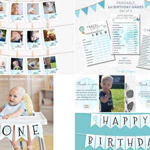 May include: Printable 1st birthday party decorations with a blue and white color scheme. The set includes a banner that says "Happy Birthday", a banner that says "One", a set of photo cards with hot air balloons, and two printable games. The games are "Travel Scavenger Hunt" and "Birthday Trivia".