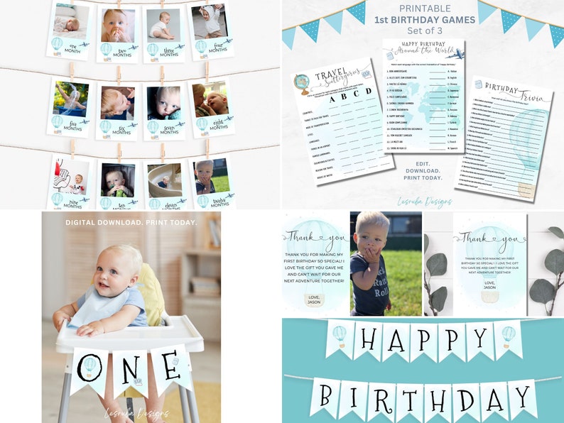 May include: Printable 1st birthday party decorations with a blue and white color scheme. The set includes a banner that says "Happy Birthday", a banner that says "One", a set of photo cards with hot air balloons, and two printable games. The games are "Travel Scavenger Hunt" and "Birthday Trivia".