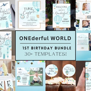 ONEderful First Birthday Invitation Bundle Blue, Onederful First Birthday Boy, Hot Air Balloon Blue Birthday Bundle, 1st Birthday Bundle