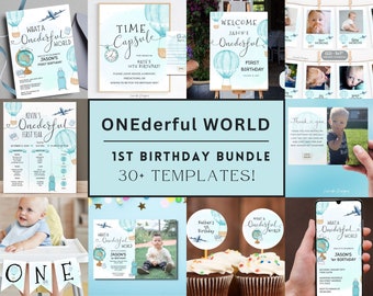 ONEderful First Birthday Invitation Bundle Blue, Onederful First Birthday Boy, Hot Air Balloon Blue Birthday Bundle, 1st Birthday Bundle