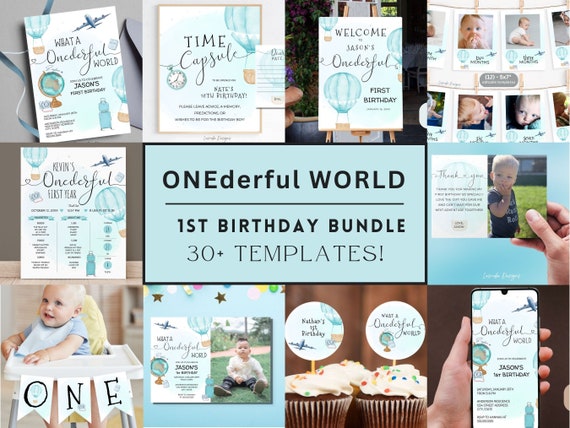 ONEderful First Birthday Invitation Bundle Blue, Onederful First Birthday Boy, Hot Air Balloon Blue Birthday Bundle, 1st Birthday Bundle