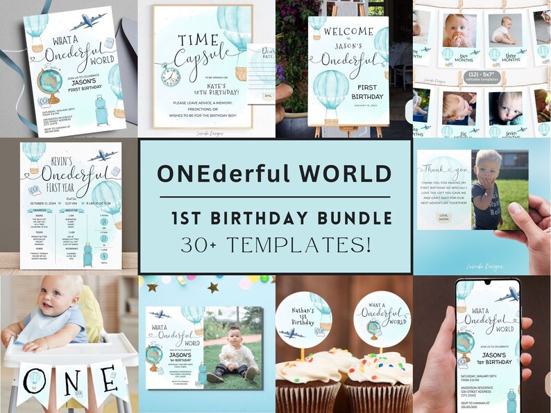 May include: A set of 30+ printable templates for a 1st birthday party with a blue and white color scheme. The theme is "One-derful World" and features hot air balloons, airplanes, and a globe. The text "What a One-derful World" is featured on several of the templates.