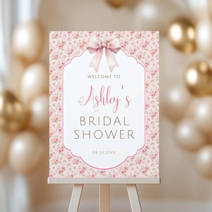 Pink Bow Bridal Shower Welcome Sign Poster, Editable Bridal Decoration Template, Shabby Chic Bridal Shower Welcome Print 4 Sizes