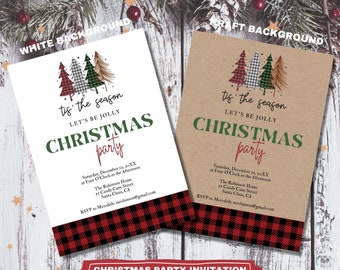 May include: Two Christmas party invitations with a red and black buffalo plaid border. The invitations feature a festive design with green trees and the text "tis' the season let's be jolly Christmas party". The text includes the date, time, location, and RSVP information.