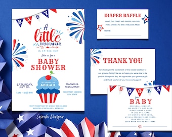 Juego de invitaciones para baby shower "Pequeño Fuegos Artificiales", diseño patriótico rojo, blanco y azul (descarga digital)