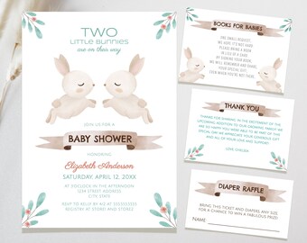 Little Bunnies Twins Baby Shower Invitation Set, Twin Baby Shower Invitation Template, Bunny Baby Shower, Easter Baby Shower Digital