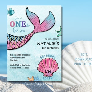 Mermaid 1st Birthday Invitation, ONEder the Sea First Birthday Invitation, Mermaid Girls 1st Birthday Invite, Under the Sea Party Invitation