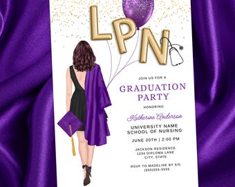LPN Graduation Party Invitation, Brunette Nurse Grad Invite, Nursing School Graduate Party Invite, Class of 2025 Editable Template Download