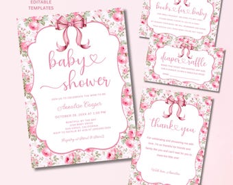 Set di inviti per baby shower a tema bambina rosa, inviti per baby shower con fiocco, inviti per baby shower Coquette, libri, lotteria dei pannolini, modelli modificabili