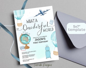Blue First Birthday Invitation Editable ONE derful World 1st Birthday Invite Hot Air Balloon Boys Adventure Travel Birthday Template Invite