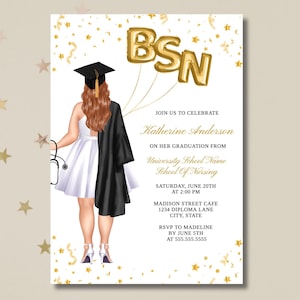 May include: A graduation announcement featuring a cartoon illustration of a graduate in a white dress and black graduation gown. Gold foil balloons spell "BSN". The invitation includes details for Katherine Anderson's graduation from the School of Nursing.