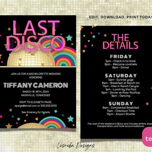 Disco Bachelorette Invitation Template Retro Last Disco Bachelorette Party Invite Bachelorette Weekend Itinerary 70s Groovy Bach Party