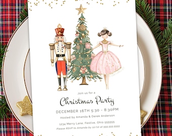 May include: A Christmas party invitation featuring a watercolor illustration of a nutcracker, a ballerina, and a decorated Christmas tree. The invitation includes the text "Christmas Party" and event details.