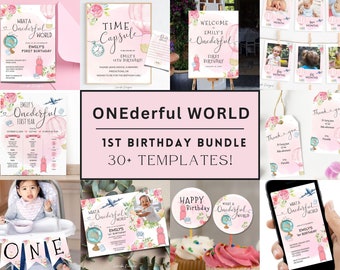Puede incluir: Un paquete de 30+ plantillas imprimibles para una fiesta de primer cumpleaños con temática de globo aerostático y mapa del mundo. El paquete incluye invitaciones, etiquetas de agradecimiento, una cápsula del tiempo, un cartel de bienvenida y una tabla de hitos del primer año. El diseño presenta ilustraciones de acuarela de globos aerostáticos, flores y un globo terráqueo.