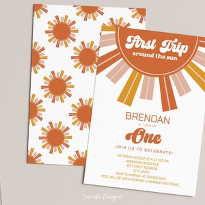 First Trip Around the Sun First Birthday Invitation, Editable Sunshine 1st Birthday Invitation Template, Boho One First Birthday Invitation
