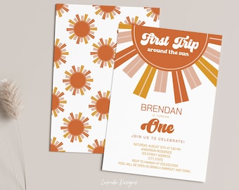 First Trip Around the Sun First Birthday Invitation, Editable Sunshine 1st Birthday Invitation Template, Boho One First Birthday Invitation