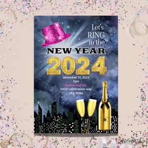 Silvester Party Einladung Vorlage, 2024 Neujahr Einladung, Let&#39;s Ring in the New Year Party Invite, New Year&#39;s Printable
