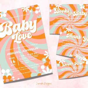 Baby Love Baby Shower Invitation Template, Groovy Retro 70s Daisy Baby Shower Set Printable, Diaper Raffle, Books for Baby, Baby Love image 2